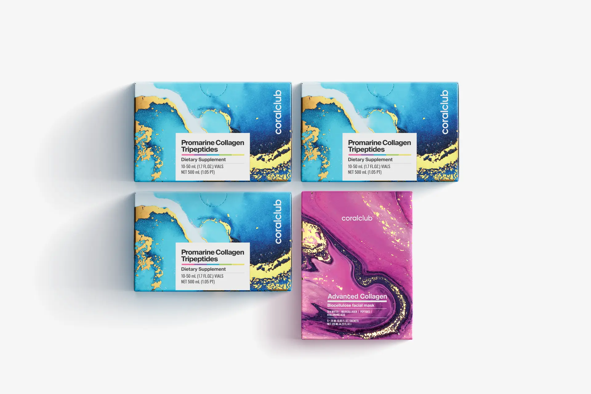 Promarine Kollagen tripeptidlari (1 oylik kurs) & yuz uchun biotsellyulozali Advanced Collagen niqoblari (5 sashe) to‘plami