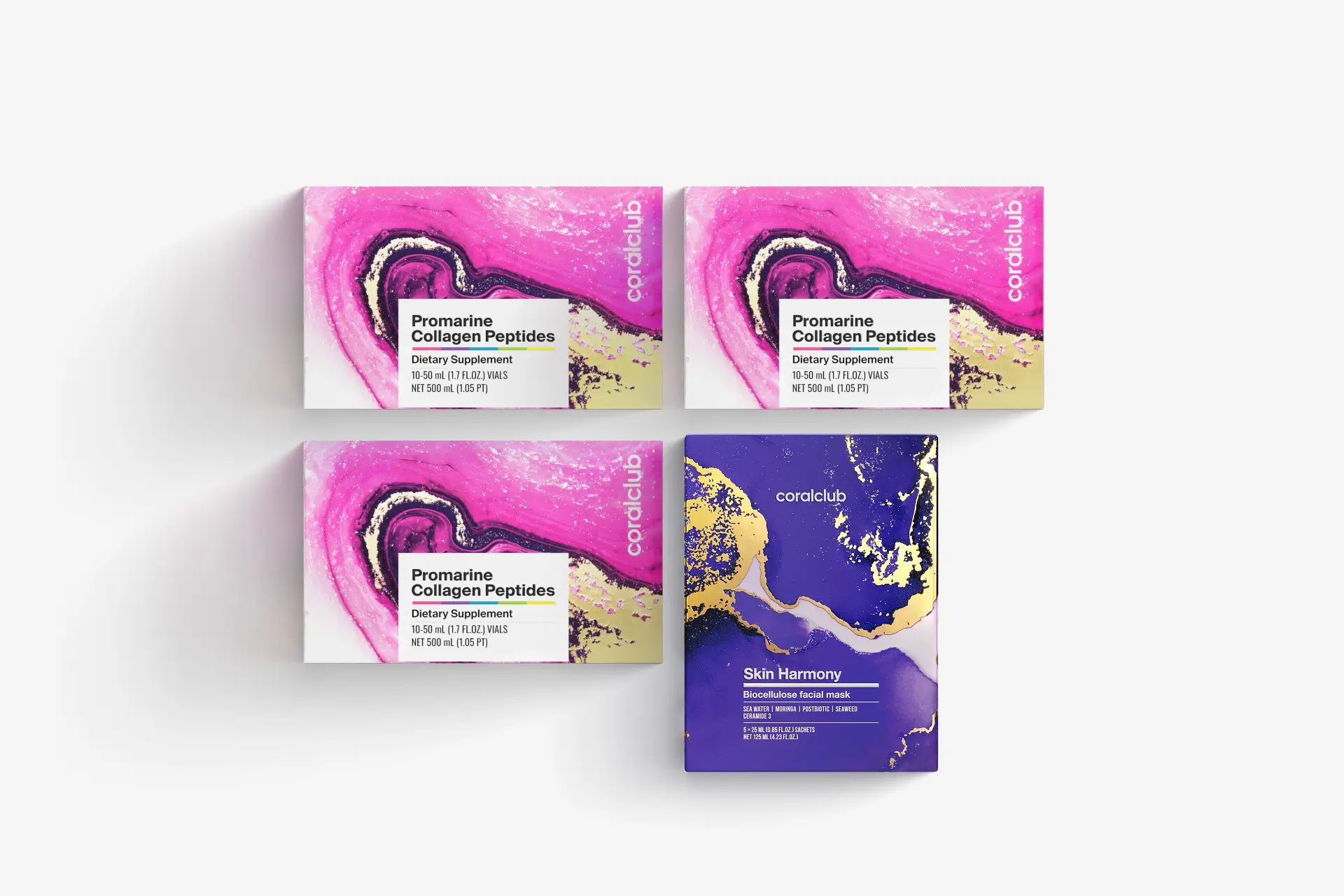 Promarine Kollagen peptidlari (1 oylik kurs) & yuz uchun biotsellyulozali Skin Harmony niqoblari (5 sashe) to‘plami